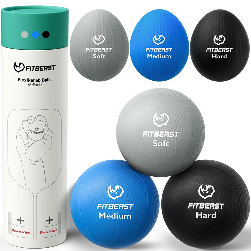 [Australia] - FitBeast Stress Balls for Adults, 6-Pack Hand Therapy Balls, Soft, Medium, Hard Tri-Density, Green, Orange, Blue 6 Piece Set - Gray, Sky, Black 
