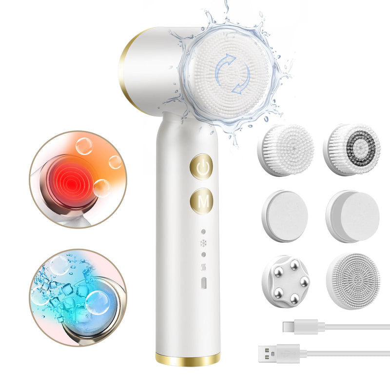 [Australia] - Landmore Facial Cleansing Brush, 8 in 1 Spin Face Wash Brush Rechargable Waterproof Face Scrubber with 6 Brush Heads, 3 Speeds for Deep Cleansing, Exfoliator, Thermal & Cold Massager Skin Care, White 