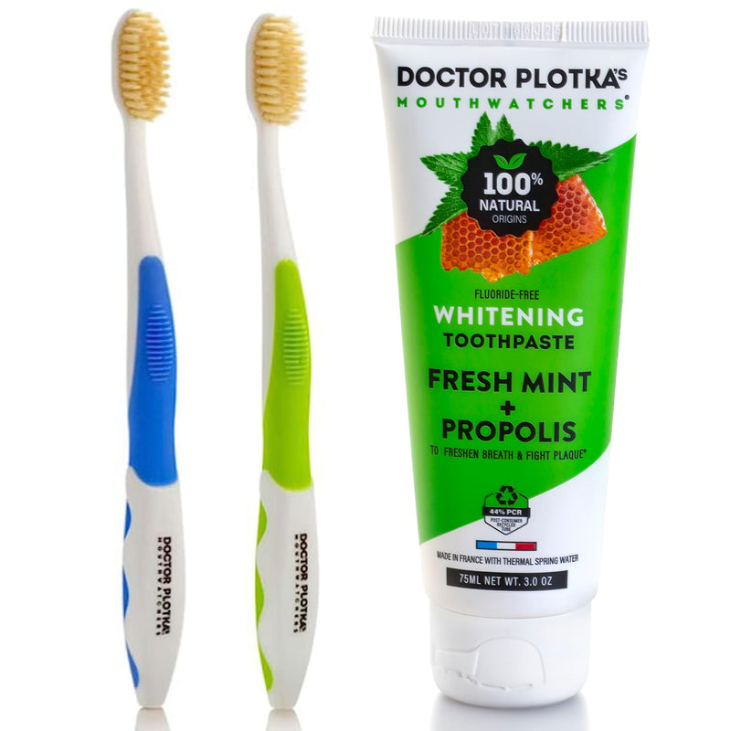MOUTHWATCHERS Soft Flossing Toothbrush Set, Soft Flossing Toothbrush and Whitening Toothpaste, Naturally Sourced Toothpaste, 1 Toothpaste 2 Toothbrushes, by Dr. Plotka's
