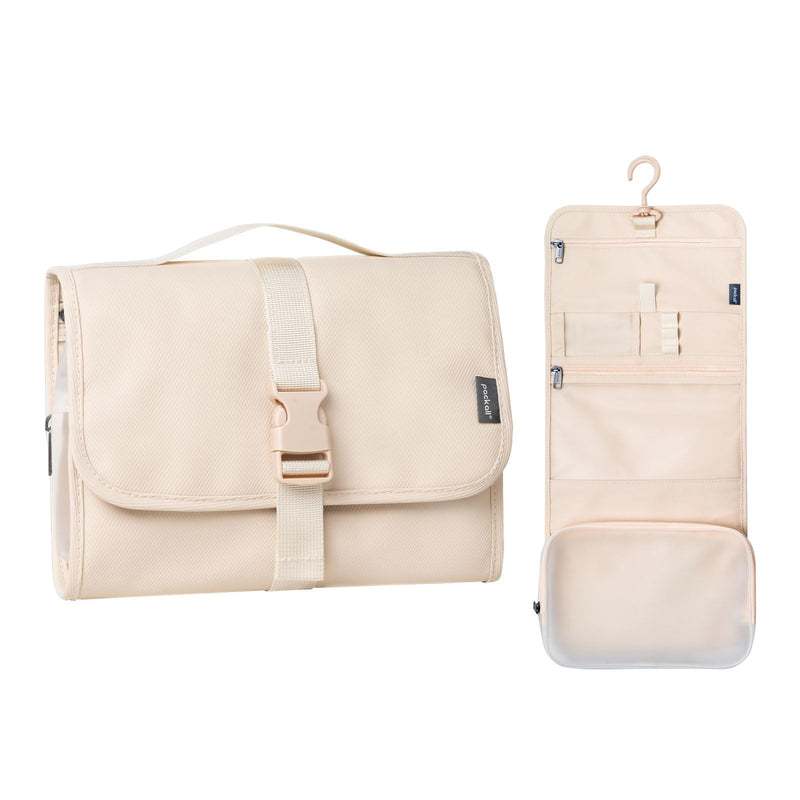 pack all Hanging Travel Toiletry Bag, Compact Size, Coated Knitted Fabric | Water-Resistant, Wet & Dry Separation, 360° Swivel Hook, Multiple Compartments, Stores Toiletries & Accessories, Light Beige