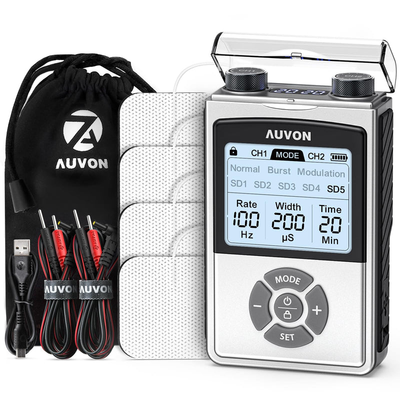 [Australia] - AUVON Rechargeable TENS Unit Muscle Stimulator for Back Pain Relief, 600 mAh Battery TENS Machine with 8 Customizable Modes, Stim Machine for Shoulder & Neck Pain Relief, Nerve Pain Relief, 4 Pads 