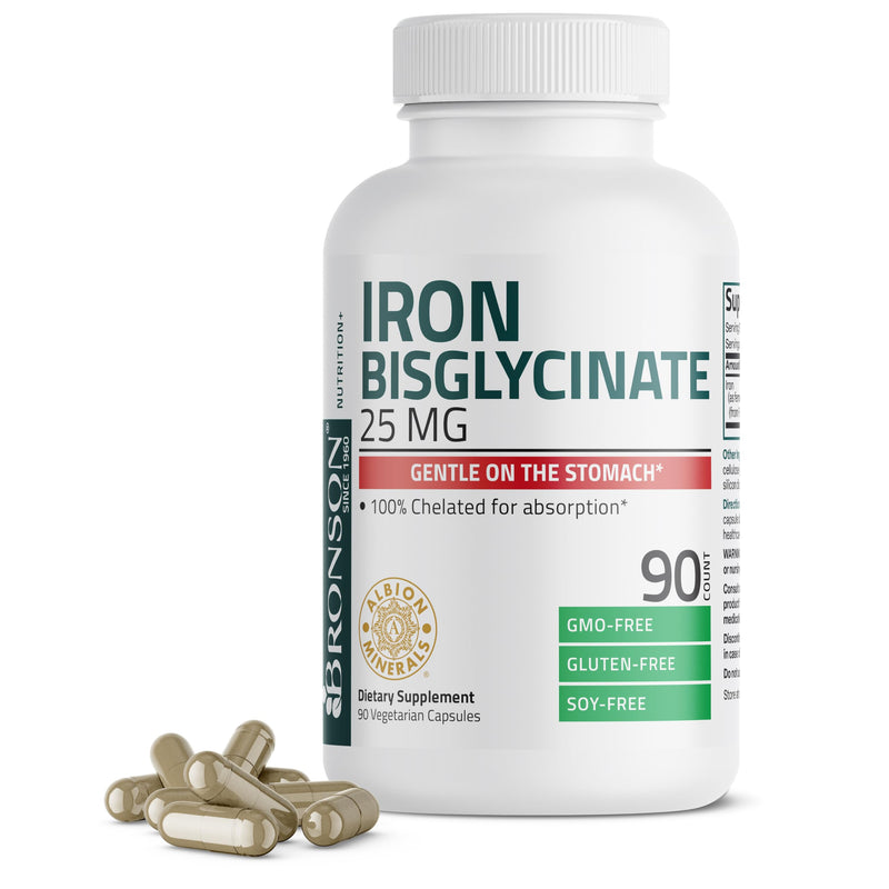 [Australia] - Bronson Iron Bisglycinate 25 mg Gentle on The Stomach, Supports Energy & Healthy Red Blood Cell Production - Non-Constipating Formula - Non GMO, 90 Vegetarian Capsules 90 Count (Pack of 1) 
