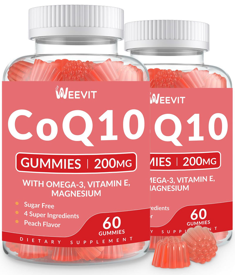 CoQ10 Gummies, CoQ10 200MG with Omega 3, EPA + DHA, Magnesium, Vitamin E | Co Q10 Supplements, Coenzyme Q10 for Adults, Sugar Free, Vegan 60 Count (Pack of 2)