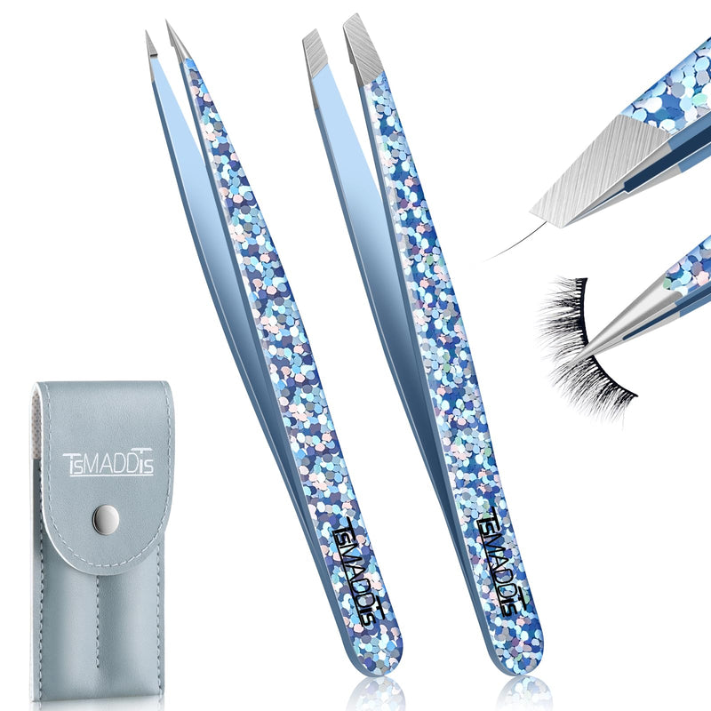 TsMADDTs Eyebrow Hair Removal Tweezer, 2-Pack Slant and Point Tip Tweezers for Women and Men Eyebrows, Facial and Ingrown Hairs, Stainless Steel Light Glitter Blue