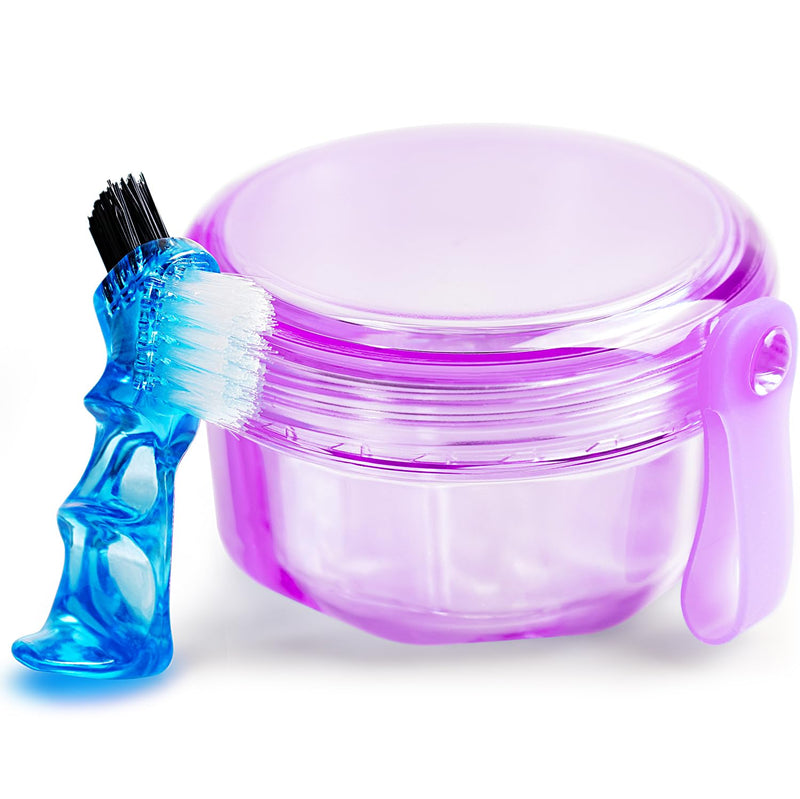 [Australia] - Leak Proof Purple Denture Cups for Soaking Dentures, Partial Denture Bath Case Travel Retainer Cleaning Container Case with Brush for Aligner, Denture, Mouth Guard Transparent Purple 