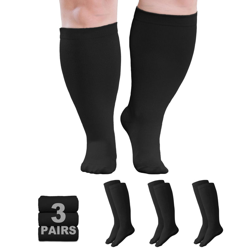 [Australia] - Plus Size Compression Socks: Wide Calf Compression Stockings for Men Women - Extra Large 20-30 mmHg Compression Hose Support for Running Travel Nurses Pregnancy 3 Pairs 3X-Large Black-3 Pairs 