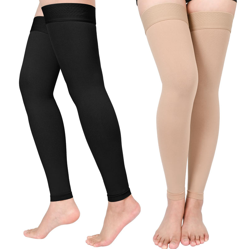 [Australia] - Compression Stockings for Women & Men, 2 Pairs 15-20mmHg Thigh High Compression Socks for Varicose Veins, Swelling, Pregnant XX-Large Footless/Black*Beige/2 Pair 