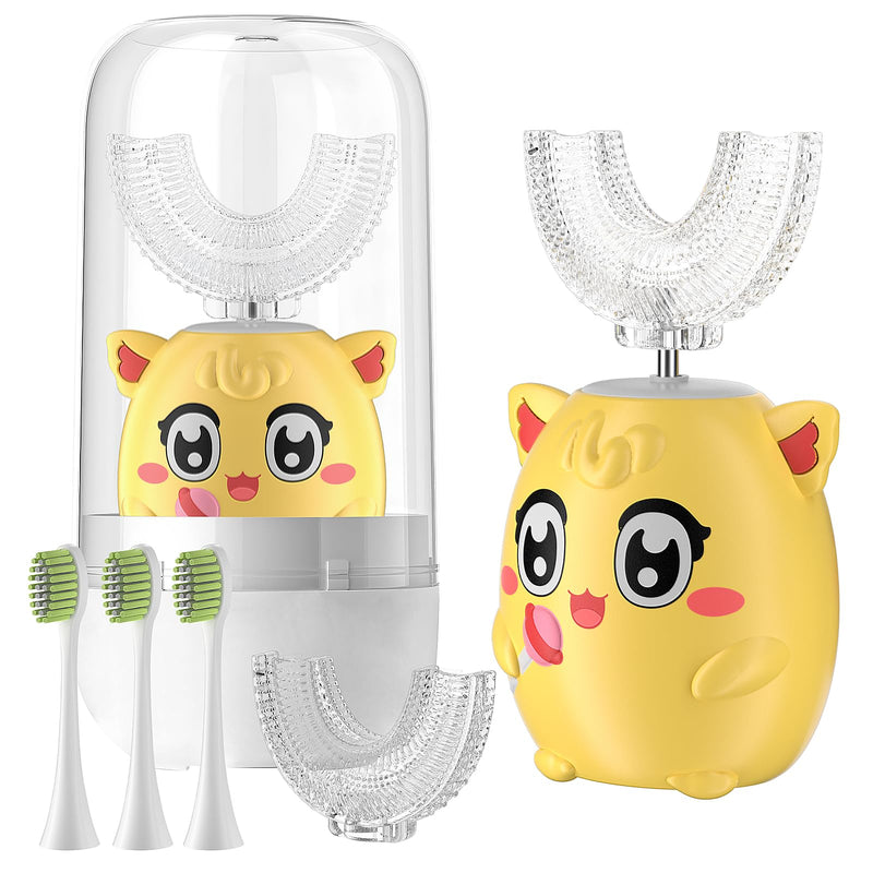 [Australia] - Kids Electric U Shaped Toothbrush Children Rechargeable Sonic Toothbrush with 6 Soft Brush Head Automatic Full Mouth 6 Cleaning Modes - (Age 8-15 Yellow) Yellow Pd 