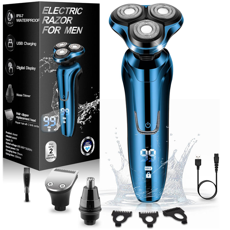 Electric Razor for Men, Shaver for Men Face,Waterproof Wet Dry Electric Shavers LED Display Cordless with Rechargeable Nose Hair Trimmer and Beard Trimmer,Prtable Travel Men's Razors Led Blue