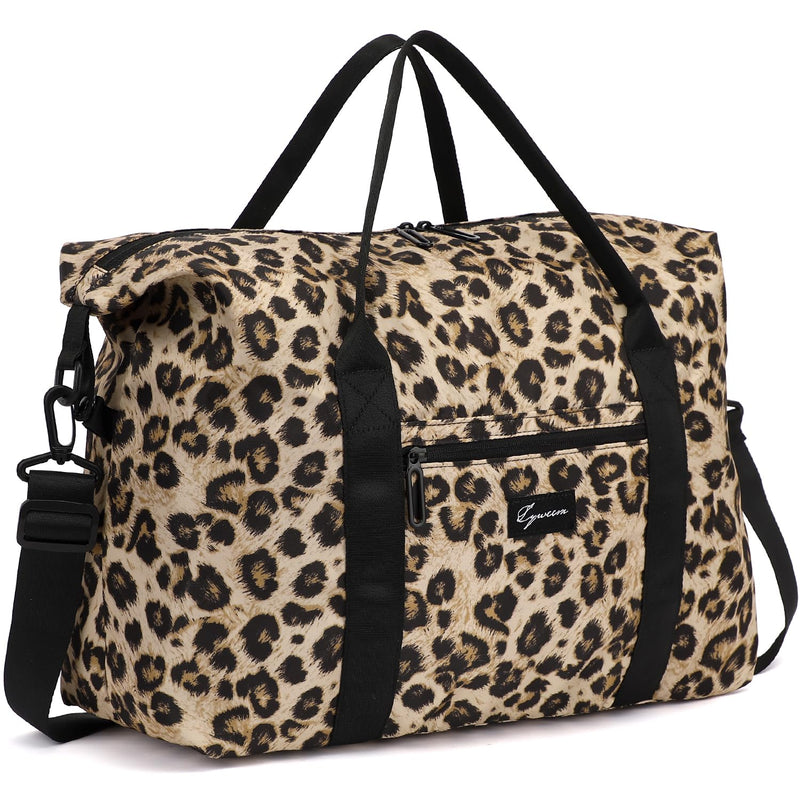 Duffle Bag for Travel Foldable Leopard Print Carry on Travel Bag, Small Medium Weekender Overnight Bags for Women, 40L Waterproof Sport Gym Bag for Men with Computer Compartment (leopard print)