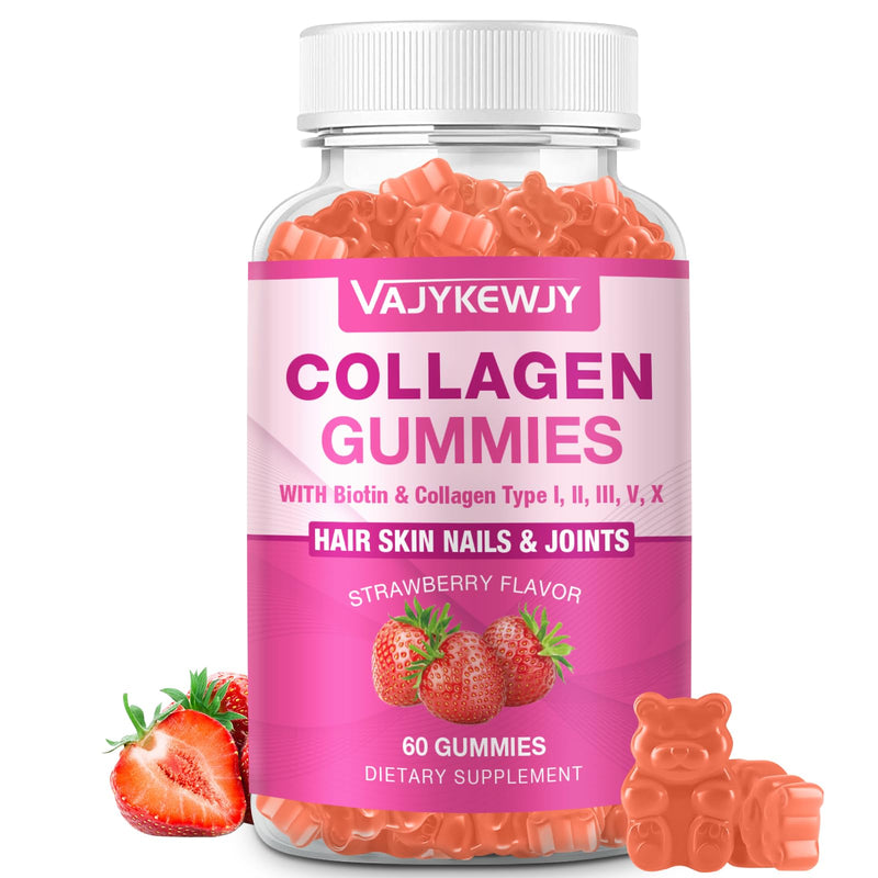Vegan Collagen Gummies for Women & Men - with Biotin, Vitamin C, & Zinc for Skin Radiance, Hair Growth, Strong Nails, & Joint Support, 60 Count 1pack