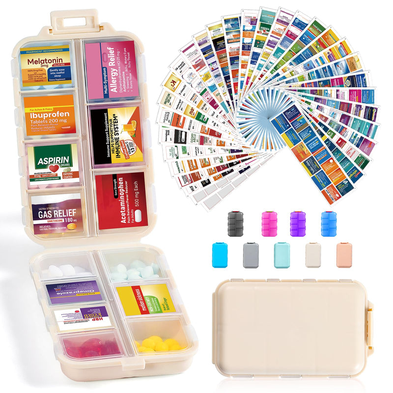 14 Grids Travel Pill Organizer Box with 415-Pcs Medicine Name Labels - Pocket Daily Pharmacy Case Container Kit - Travel Medication Holder Dispenser for Fish Oil Vitamin Supplement Storage - Khaki with Bulk Med Labels