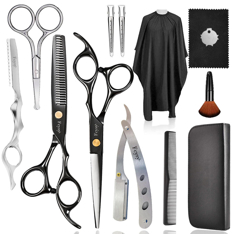 Hair Cutting Scissors Barber Shears Kit, Fcysy Capas De Barbero Profesional Hair Thinning Scissors for Haircutting, Haircut Scissors Blending Shears Eyebrow Hair Trimming Scissors Set for Men Women 13pcs Black