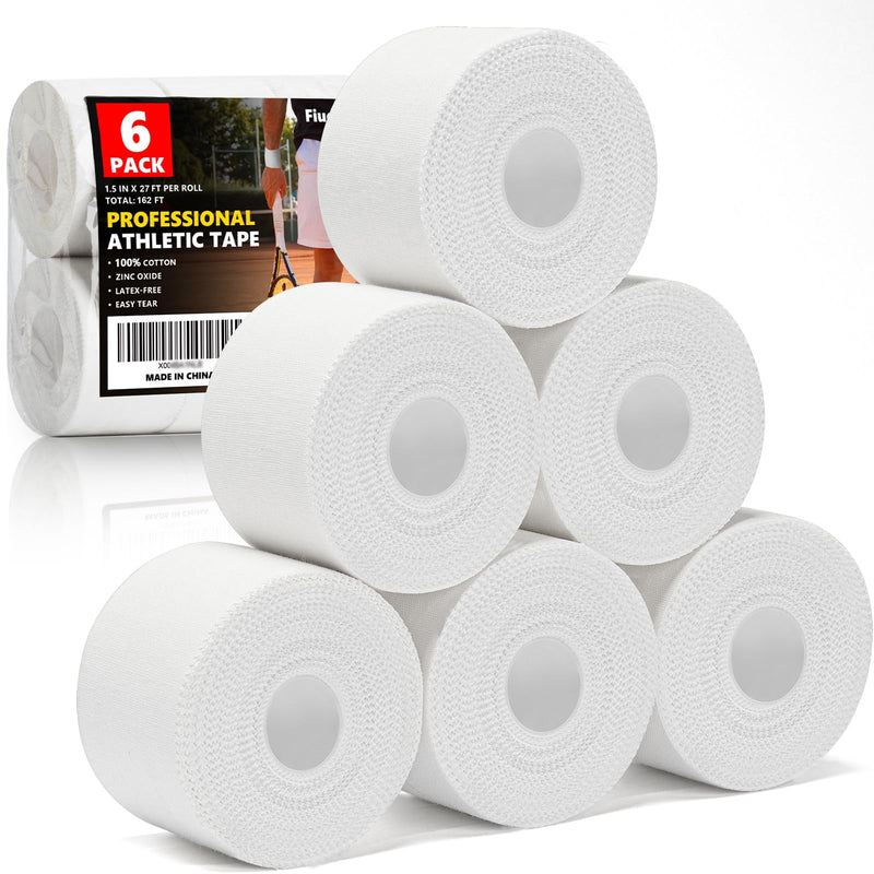 [Australia] - Professional 6 Pack White Athletic Sports Tape - 1.5 Inch √ó 27 Feet Per Roll | Total 162 Feet, Very Strong Easy Tear No Sticky Residue Wrist Ankle Tape for Football Climbing Soccer Gymnastics Injuries 