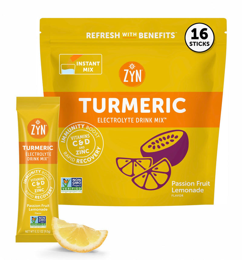 ZYN Turmeric & Electrolyte Packets for Hydration, Passion Lemonade, 16 Ct Passionfruit Lemonade 5.12 Ounce (Pack of 1)