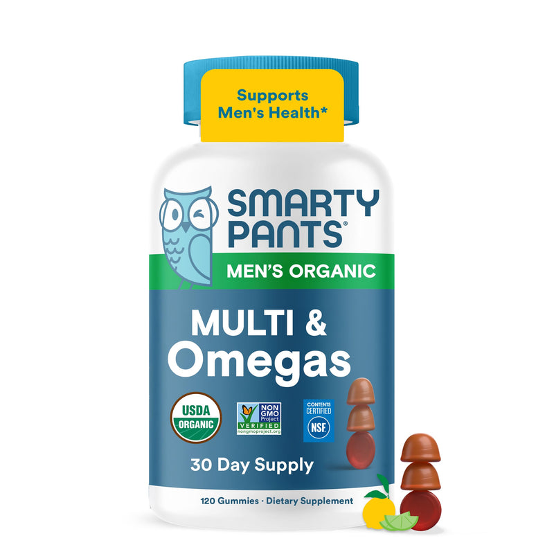 SmartyPants Multivitamin for Men, Organic Gummies: Methylfolate, Omega 3 (ALA), Vitamin D3, C, Vitamin B12, B6, A, K & Zinc for Immune Support, Biotin, Vegetarian, 120 Gummies (30 Day Supply) Organic + Omega
