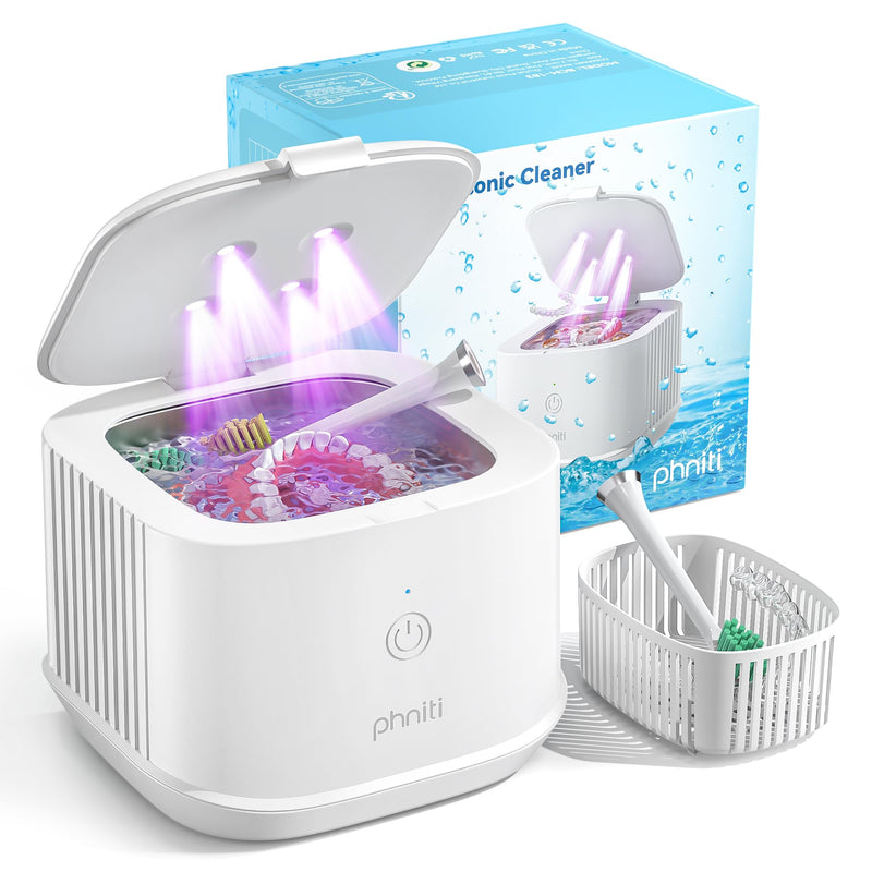 [Australia] - Ultrasonic Retainer Cleaner, Phniti 48kHz Professional Ultrasonic Cleaner Machine for Retainers, Jewelry, Dentures, Mouth Guard, Aligner, Toothbrush Heads, 13OZ Portable Dental Cleaning-White 350ml 