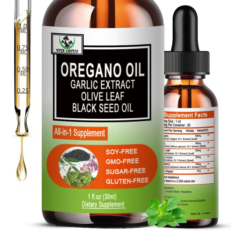 [Australia] - Organic Oil of Oregano with Black Seed Oil, Oregano Oil Liquid Drops w/Garlic Olive Leaf Elderberry for Immune,Digestive Support & Antioxidant,Seasonal Support Supplement for Women Men 