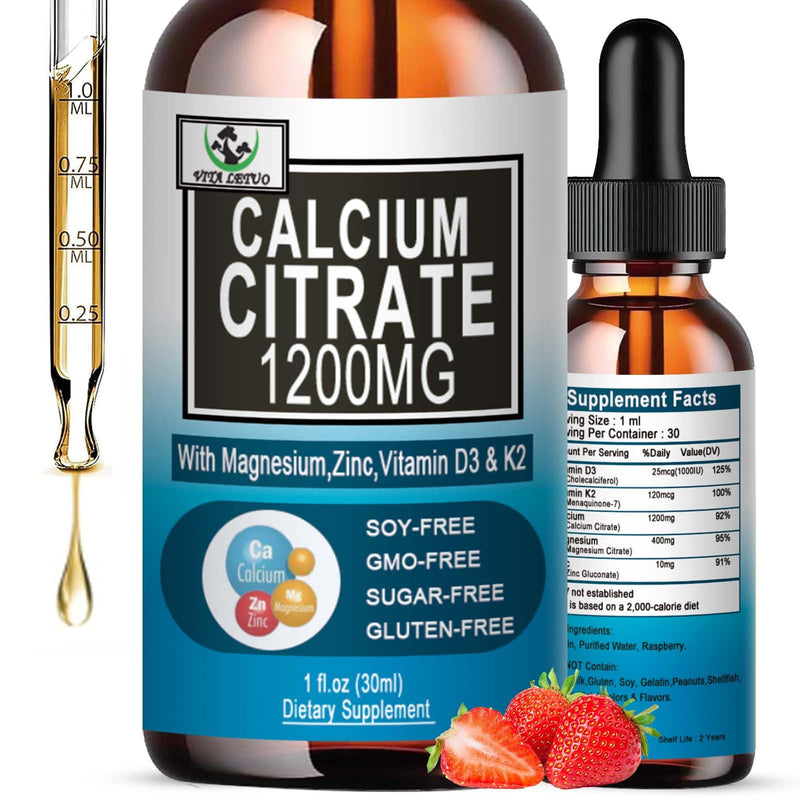 [Australia] - Calcium Citrate Supplement,1200mg Calcium with Vitamin D3 Drops for Bone,Teeth,Colon,Cardiovascular Health,High Absorption Liquid Calcium Magnesium Citrate 400mg Plus Zinc Vitamin K2,Vegan,30 Servings 