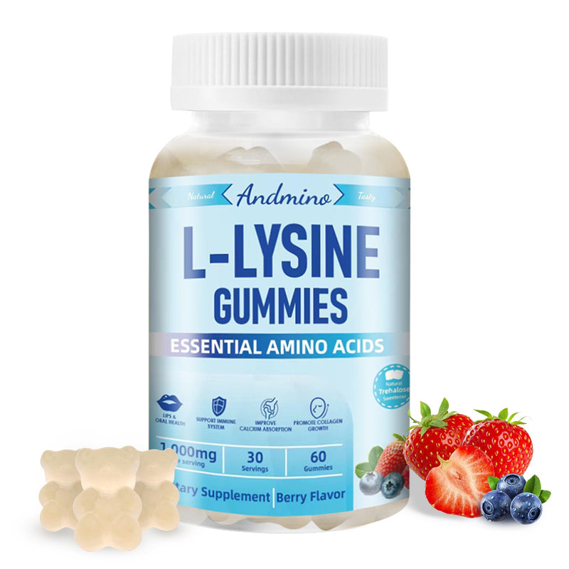 [Australia] - L-Lysine Gummies 1000 mg, with Trehalose, L Lysine Gummies for Lips & Oral Wellness, Immune Support & Collagen & Calcium, for Adults & Kids, Non-GMO, Vegan, Gluten Free, Berry Flavor, 60 60 Count (Pack of 1) 
