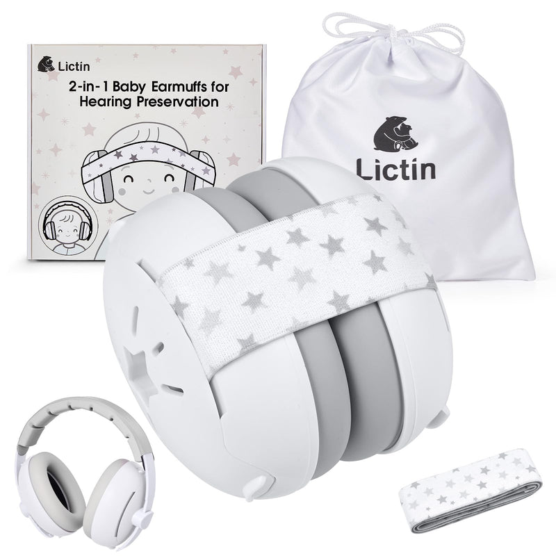 [Australia] - Lictin 2-in-1 Baby Earmuffs Noise Protection, Infant Noise Cancelling Headphones, Adjustable Baby Ear Protection, Star Noise Reduction Earmuffs for Babies and Toddlers up to 4 Years White 
