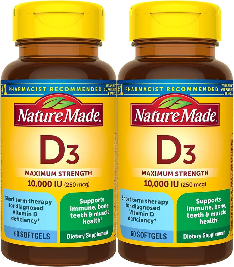 Nature Made Maximum Strength Vitamin D3 10000 IU (250 mcg), Dietary Supplement for Bone, Teeth, Muscle and Immune Health Support, 60 Softgels, 60 Day Supply - Pack of 2 60 Count (Pack of 2)