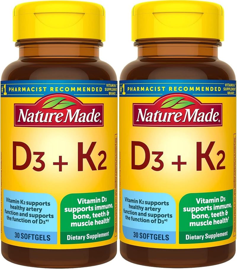 Nature Made Vitamin D3 K2, 5000 IU (125 mcg) Vitamin D, Dietary Supplement for Bone, Teeth, Muscle and Immune Health Support, 30 Softgels, 30 Day Supply - Pack of 2 Unflavored 30 Count (Pack of 2)