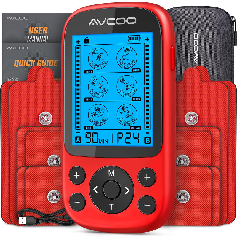 AVCOO 3-in-1 TENS Unit Muscle Stimulator for Pain Relief, 24 Modes, EVA Bag | Electronic Massager Machine with 40 Levels for Gradual Shoulder, Neck, Lower Back Pain Relief, Physical Therapy, 12 Pads, Red A Red