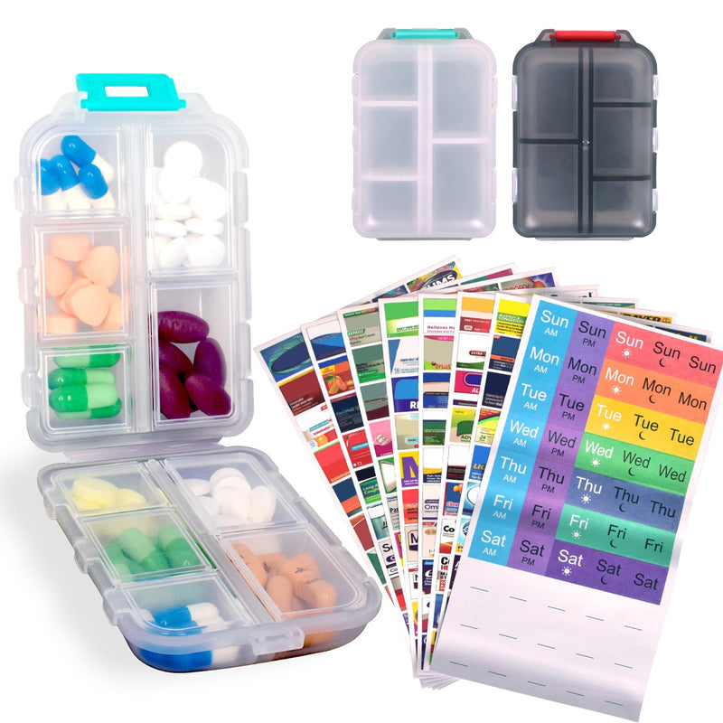 2 Pcs Pill Organizer with Medicine Labels, Portable Travel Medicine Daily Pill Container Organizer 7 Day Pill Case Storage Vitamin Fish Oil (White & Gray, 320 Medicine Lables) White + Gray 2 PCS