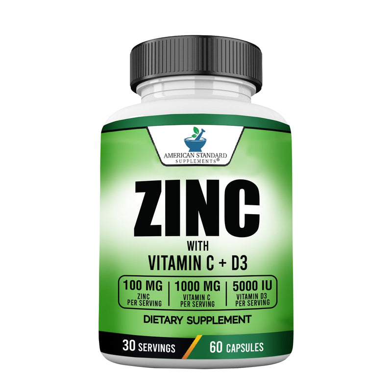 American Standard Supplements Zinc 100mg, Vitamin C 1000mg, and Vitamin D3 5000 IU (125mcg) Per Serving - Gluten Free, Non-GMO, 60 Capsules, 30 Servings 60 Count (Pack of 1)