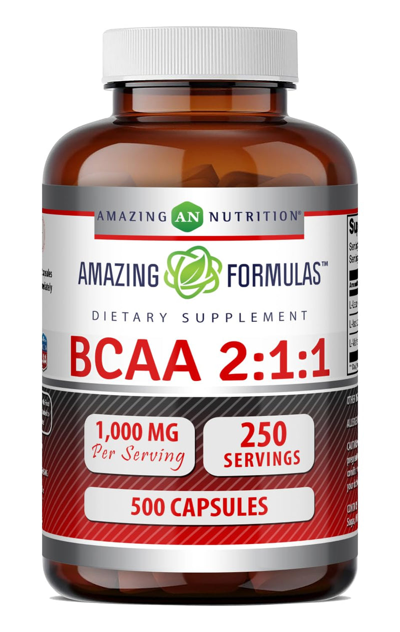 Amazing Formulas BCAA 2:1:1 1000 Mg Per Serving | Capsules | Branched Chain Amino Acids Supplement | Non-GMO | Gluten-Free | Made in USA (1 Pack, 500 Count) 1 Count (Pack of 1)