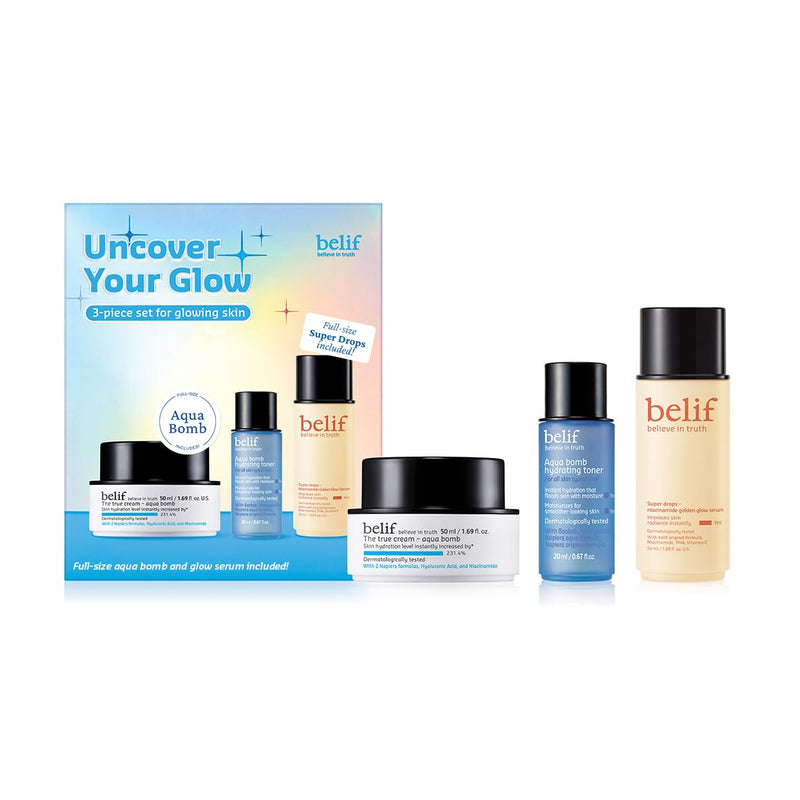 belif Gift Set - Aqua Bomb Daily Face Moisturizer, Niacinamide Vitamin C Golden Glow Serum, Aqua Bomb Hydrating Toner - Hyaluronic Acid, For All Skin Types, Korean Skin Care