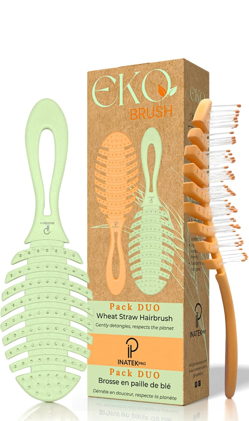 2 Pack - Inatekpro 100% Bio-Friendly Natural Wheat Straw Detangling Brush - Ultra-soft Bristles Detangler Brush For Curly, Straight, Wet & Dry Hair (Green & Orange) Green & Orange