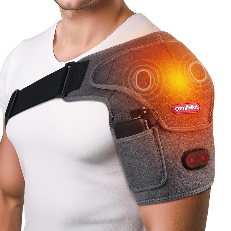 Cordless Shoulder Heating Pad with Massager, Heated Shoulder Brace | Rotator Cuff Frozen Shoulder Pain Relief Heat Wrap, 5000mAh Battery Powered 1-3H Hot Compress for Men & Women Heating & Vibration Massage