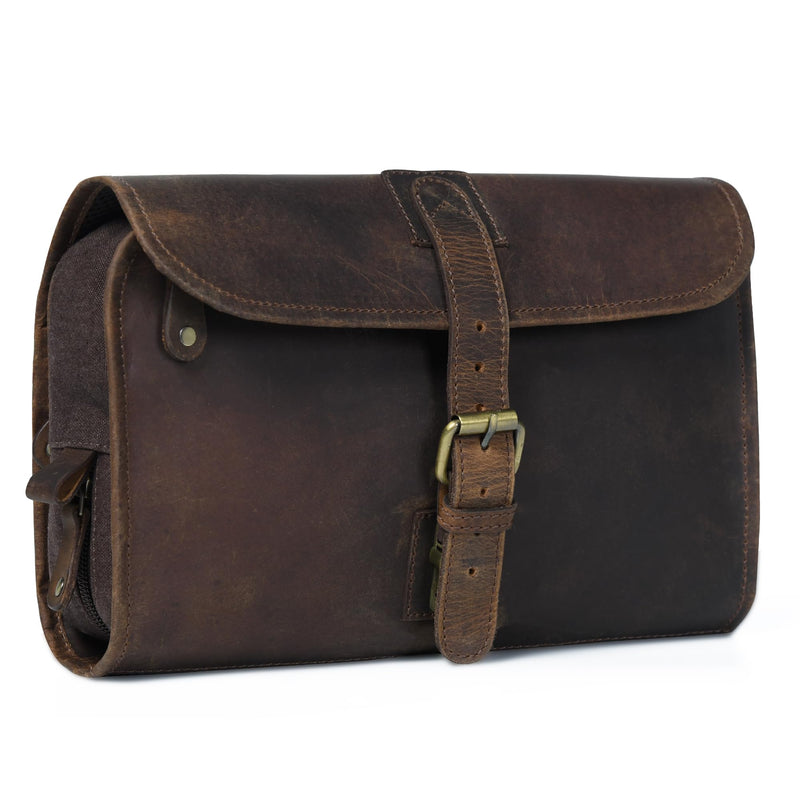 LEATHER VILLAGE Hanging Leather Toiletry Bag for Men, Dopp Kit, Brown | Genuine Buff Leather, 11X7 In Folded & 20X11 In Open, Ykk Zippers, Brass Hook,Water Resistant Canvas Lining, For Men & Women