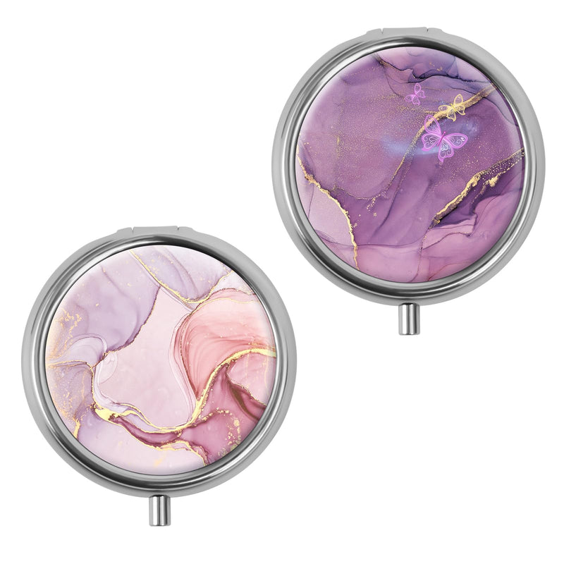 Mini Pill Box, Small Pill Box, Portable Pill Box, Cute Pill Organizer for Vitamins, Medications, Fish Oil and Supplements Pink Marble + Purple Marble