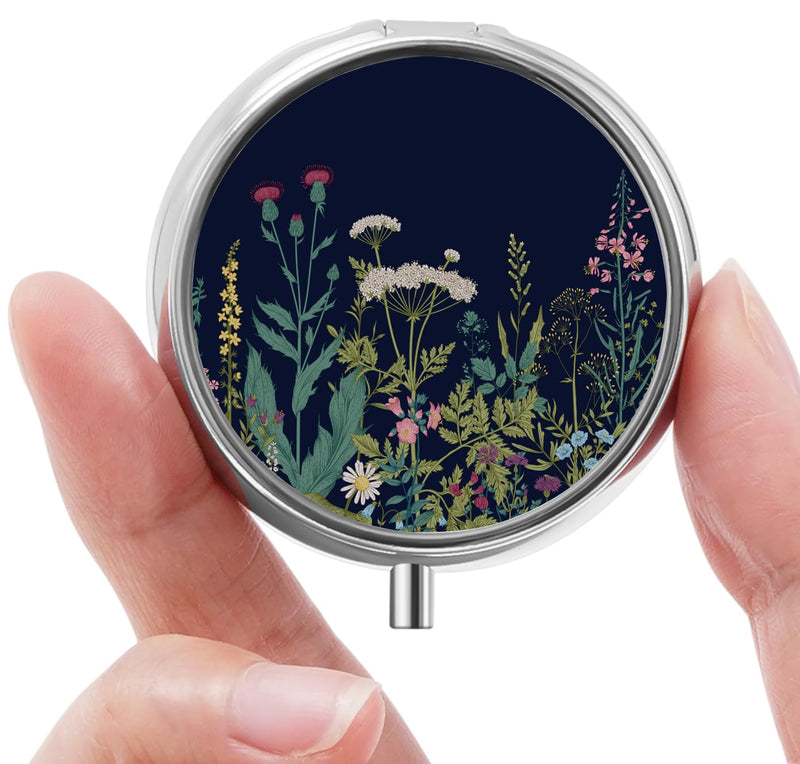 Mini Pill Box, Small Pill Box, Cute Pill Organizer for Vitamins, Medications, Fish Oil and Supplements (Black Flowers) Black Flowers
