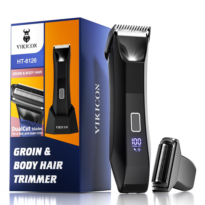 [Australia] - VIKICON 2-in-1 Manscape Trimmer & Shavers for Men: No-Nick Full Body Electric Razor for Pubic, Balls, Back Hair w/Dual-Head Trimmer & Foil Blades - Waterproof Groomer Kit w/Light, Travel Lock & Pouch 
