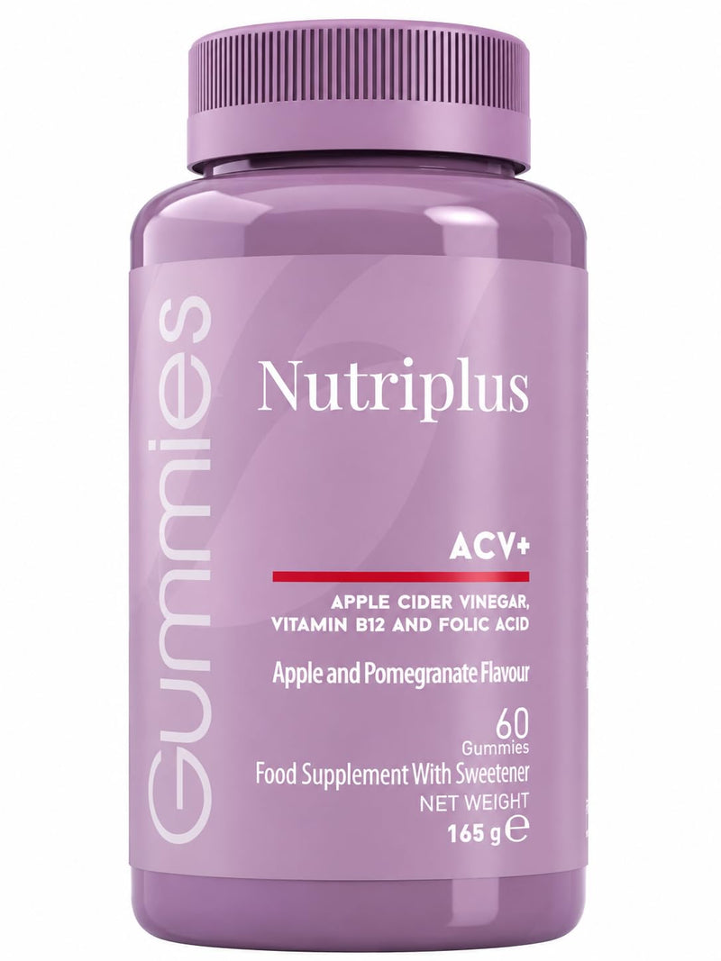 FARMASi Nutriplus Apple Cider Vinegar Gummies, Vegan, Apple Flavor, 5.8 oz | Digestive Support with Vitamin B12 and Folic Acid, Potassium, Plant-Based Ingredients,Sugar Free, Gelatin Free, 60 Gummies 1 Count (Pack of 1)
