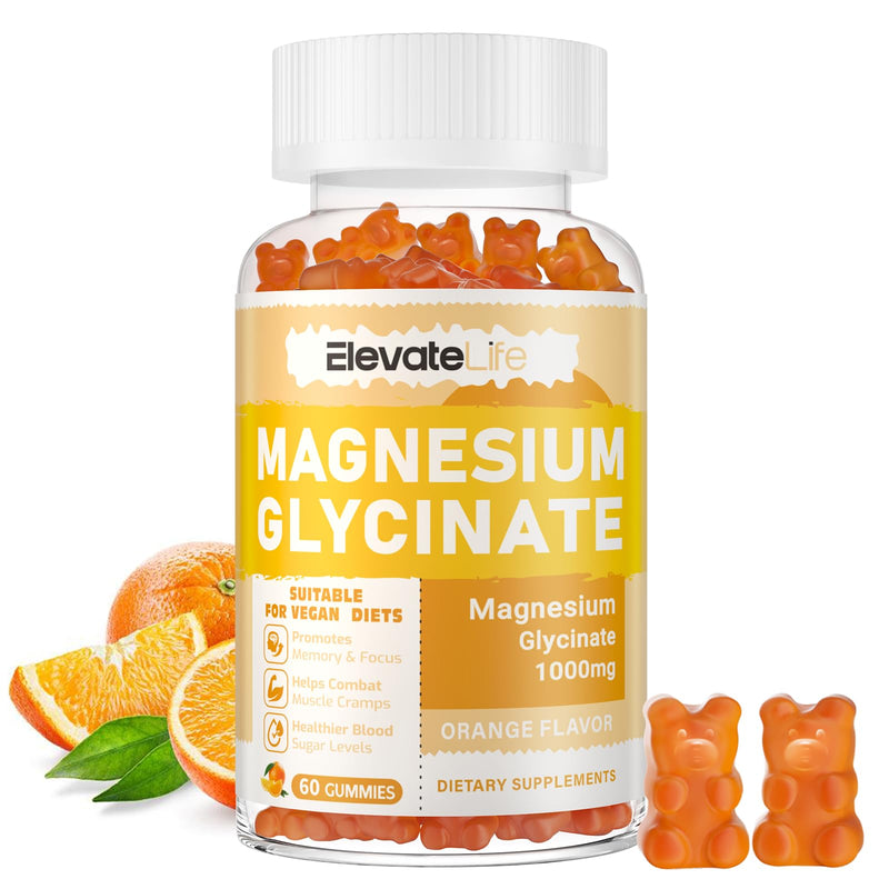 Magnesium Glycinate Gummies 1000mg - Sugar Free Magnesium Potassium Supplement with Vitamin D, B6, CoQ10 for Calm Mood & Sleep Support - 60 Orange Gummies 60 Count (Pack of 1)