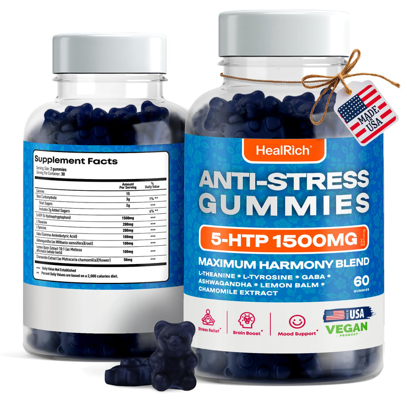 [Australia] - Stress Relief Gummies - 1500MG 5HTP with L-Theanine Gaba & L-Tyrosine - Ashwagandha Herbal Supplement Supports Intellectual Alertness Vegan Brain Mood Booost Supplements for Kids & Adults Made in USA 60 Count (Pack of 1) 