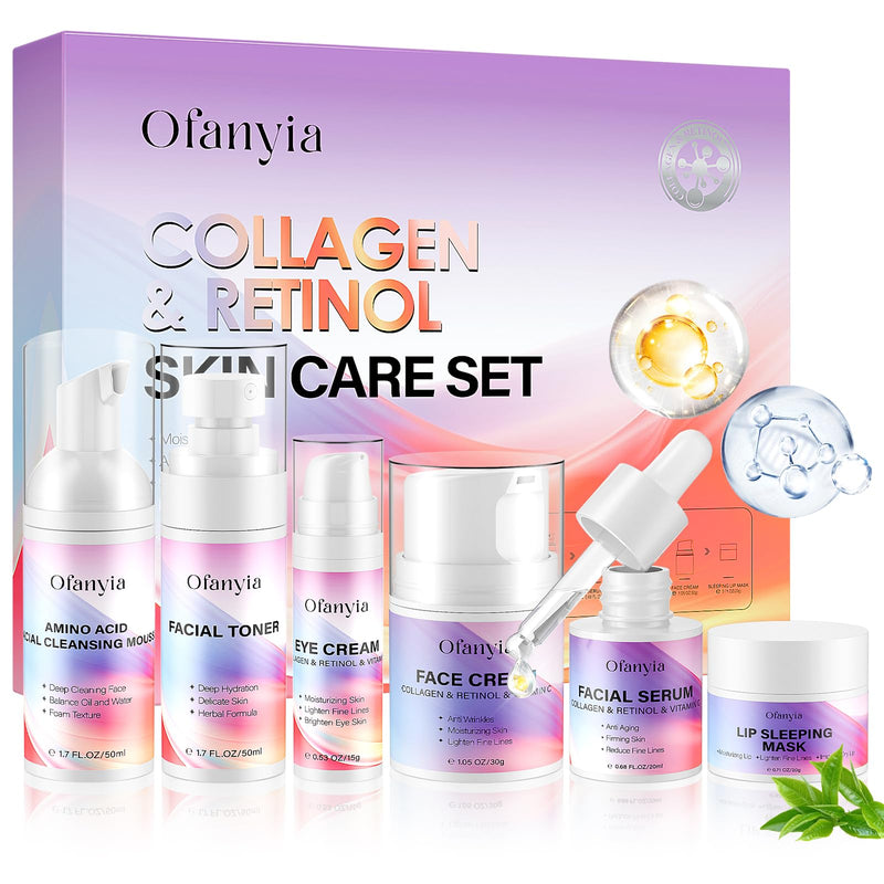 Collagen Retinol Skincare Set, 6 Pcs Anti-Aging Skin Care Set with Hydrating Cleanser, Eye Cream, Toner, Cream & Lip Mask, Facial Kit for Women, Birthday Gift for Her Collagen & Retinol