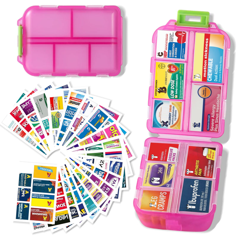 Large Pill Organizer with 161 Medicine Labels, Travel Pill Case | Pink Large pill case with 10 compartments and 161 medicine labels for 7-day planning, vitamins, supplements, daily use