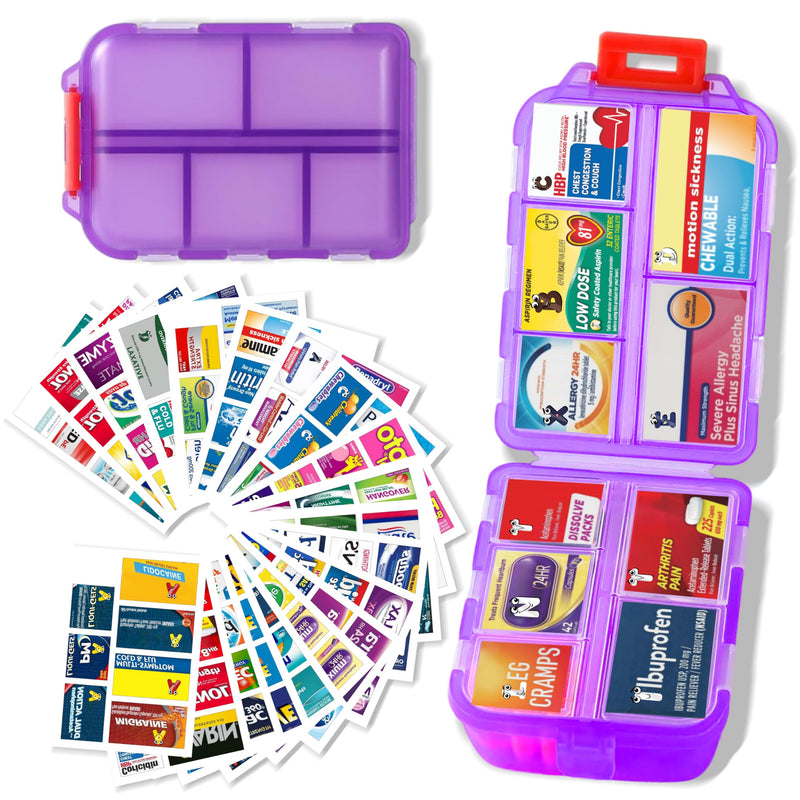 Large Pill Organizer with 161 Medicine Labels, Travel Pill Case | Purple Large pill case with 10 compartments and 161 medicine labels for 7-day planning, vitamins, supplements, daily use