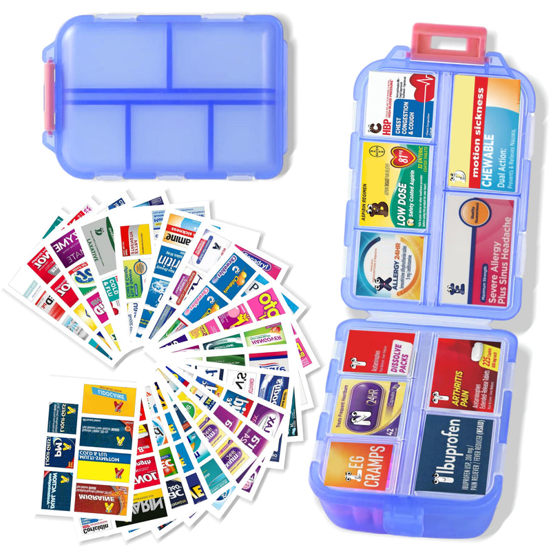 Large Pill Organizer with 161 Medicine Labels, Travel Pill Case | Blue Large pill case with 10 compartments and 161 medicine labels for 7-day planning, vitamins, supplements, daily use