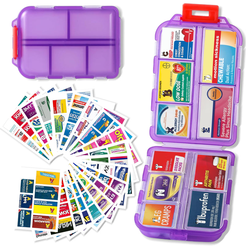 Pill Organizer with 161 Medicine Labels, Daily Travel Pill Case (Purple) | Compact 10-compartment pill case and pill box with 161 medicine labels for 7-day planning, vitamins, supplements, and travel Purple Standard