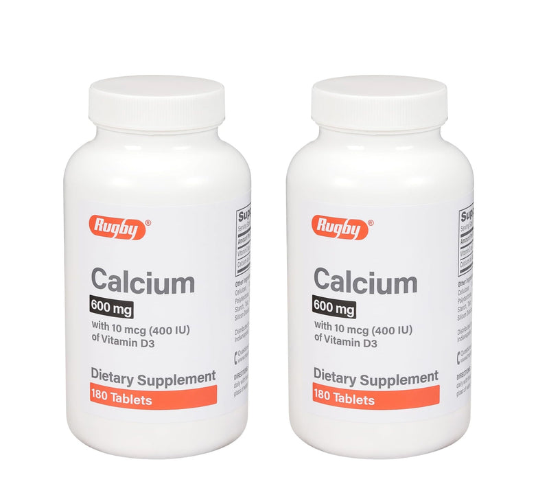 Rugby 600mg Calcium Tablets - Made with 10mcg (400IU) of Vitamin D3 - Dietary Supplement - 180 Count (2 Pack) 180 Count (Pack of 2)