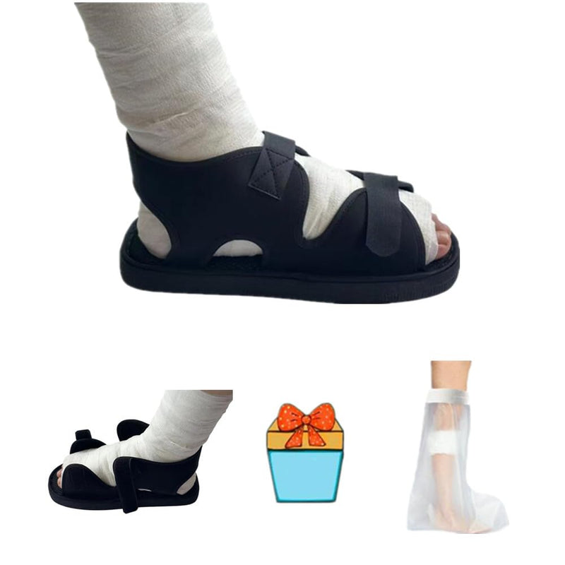 Post Op Shoe, Recovery Plaster Shoe with Waterproof Leg Cast Cover, Unisex, Adjustable, Lightweight, Easy to Wear, No difference between left and right feet, One Shoe Black (M) Medium
