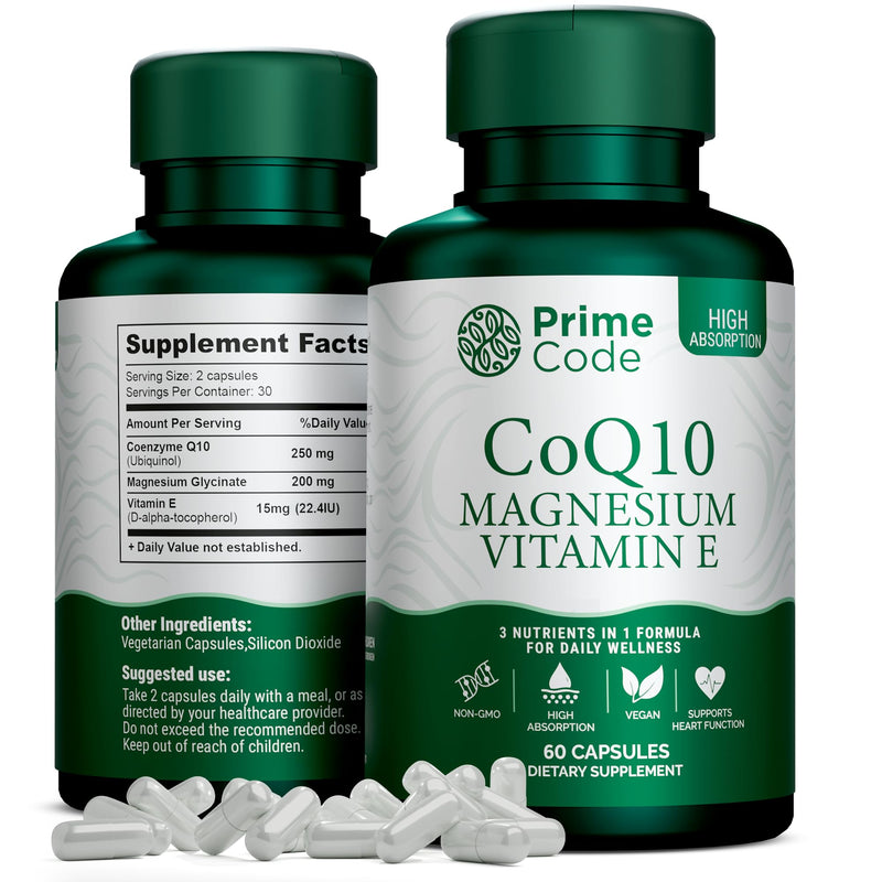 Prime Code [ 3 𝐢𝐧 𝟏] CoQ10 250mg with Magnesium Glycinate and Vitamin E | CoQ10 Capsules 250mg | Magnesium Glycinate 200mg | Vitamin E 15mg | Non-GMO | Gluten & Soy Free | Vegan