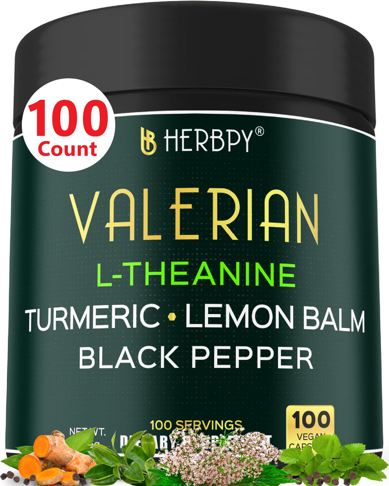 [Australia] - 5in1 Valerian Root Capsules Plus L-Theanine, Lemon Balm, Turmeric and Black Pepper for Relaxation, Restful Night, Digestion & Immune Support - 100 Count 